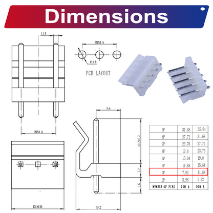 Variety pack of Molex MX3.96 series 3.96mm DIP header connectors for PCB assembly and electrical devices