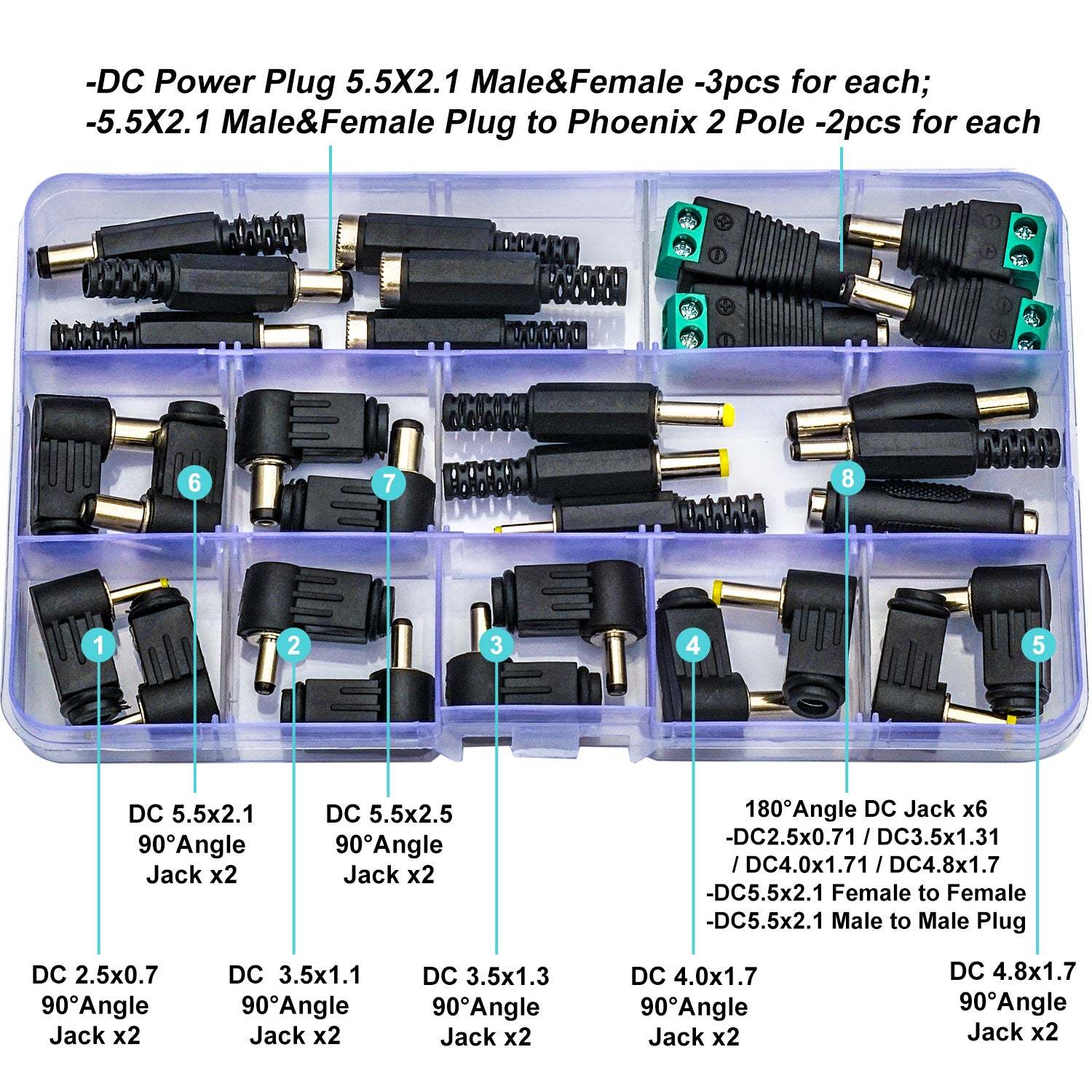 Mixed kit of right angle DC connectors designed for space-saving installations and projects
