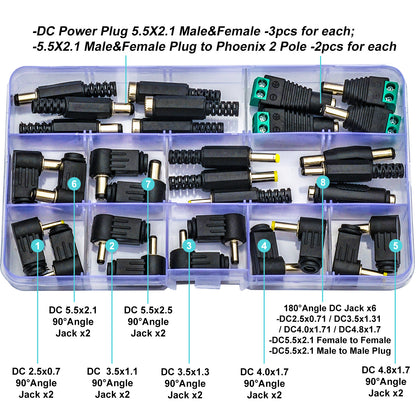 Mixed kit of right angle DC connectors designed for space-saving installations and projects