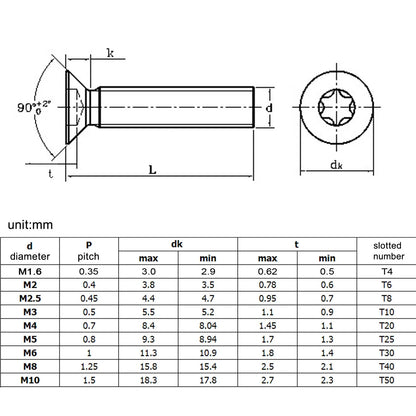 Black_304_stainless_steel_six-lobe_Torx_flat_countersunk_head_bolt_screw_GB2673_standard