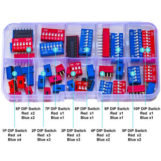 Detailed close-up showing the pin layout and switch toggles of DIP switches