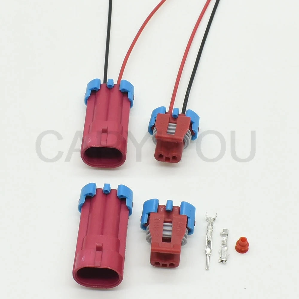 Detailed view of waterproof plastic housing on 2-pin automotive connector for valve and sensor applications
