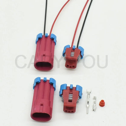 Detailed view of waterproof plastic housing on 2-pin automotive connector for valve and sensor applications