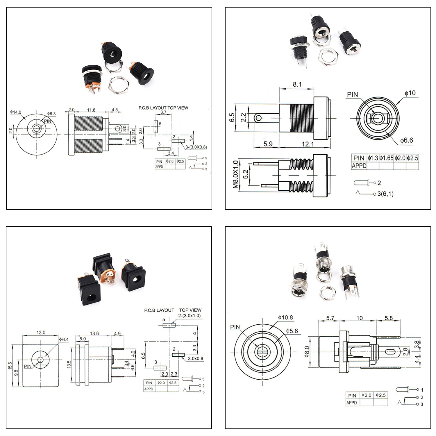 Full 5.5 x 2.1mm DC power connector kit with male plug and female panel mount socket for various devices