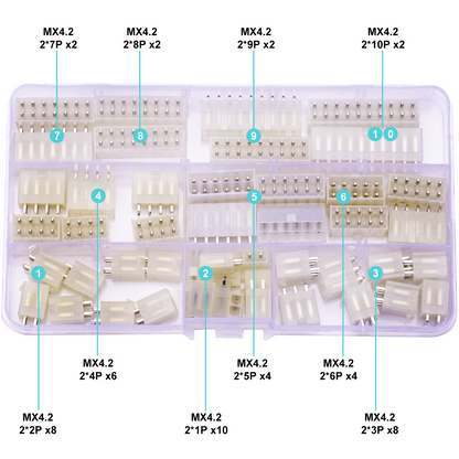 Assorted Molex MX4.2 Mini-Fit Jr DIP header connectors designed for compact PCB mounting
