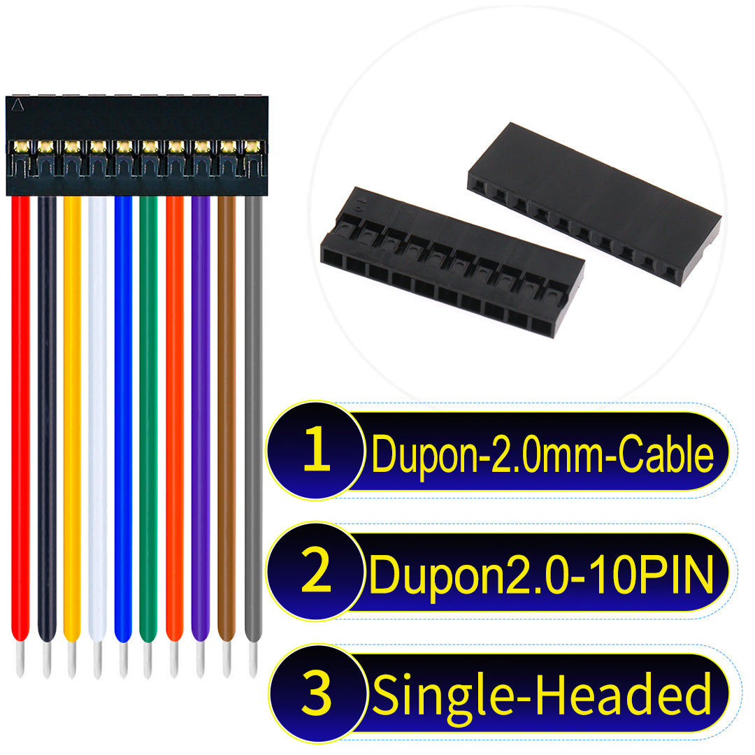 Dupont 2.0mm 10Pin single-headed cable with 24AWG copper wire and UL1007-certified PVC, ideal for DIY projects and industrial equipment connections.