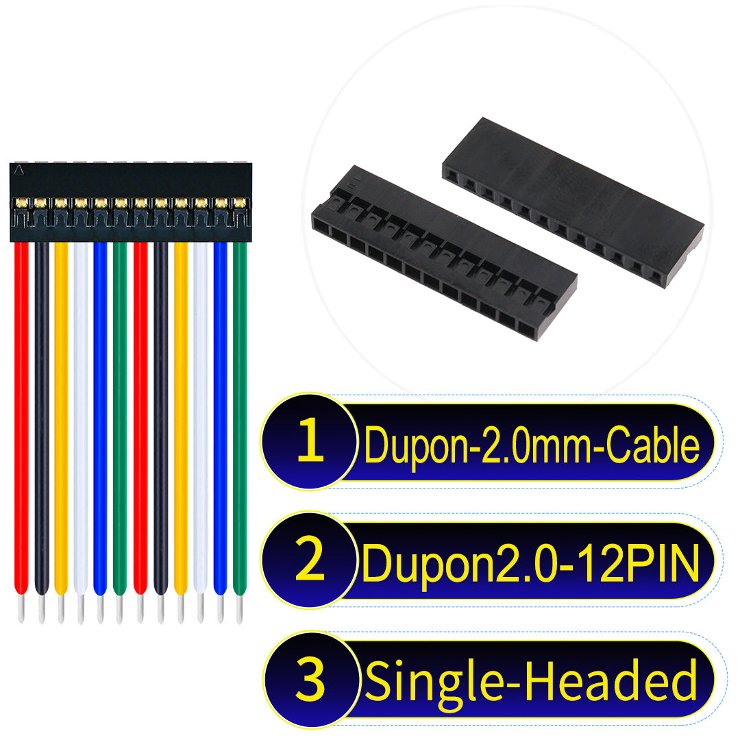Dupont 2.0mm 12Pin single-headed cable with 24AWG copper wire and UL1007-certified PVC, ideal for DIY projects and industrial equipment connections.