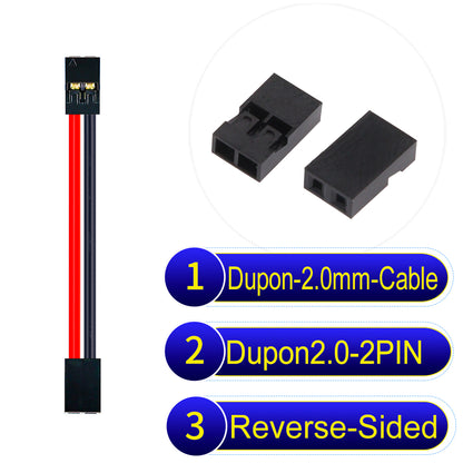 Dupont 2.0mm 2Pin Reverse-Side-Head cable, standard 2.0mm pitch, 24AWG copper wire, UL1007 certified, widely used for electronic projects and industrial connections.