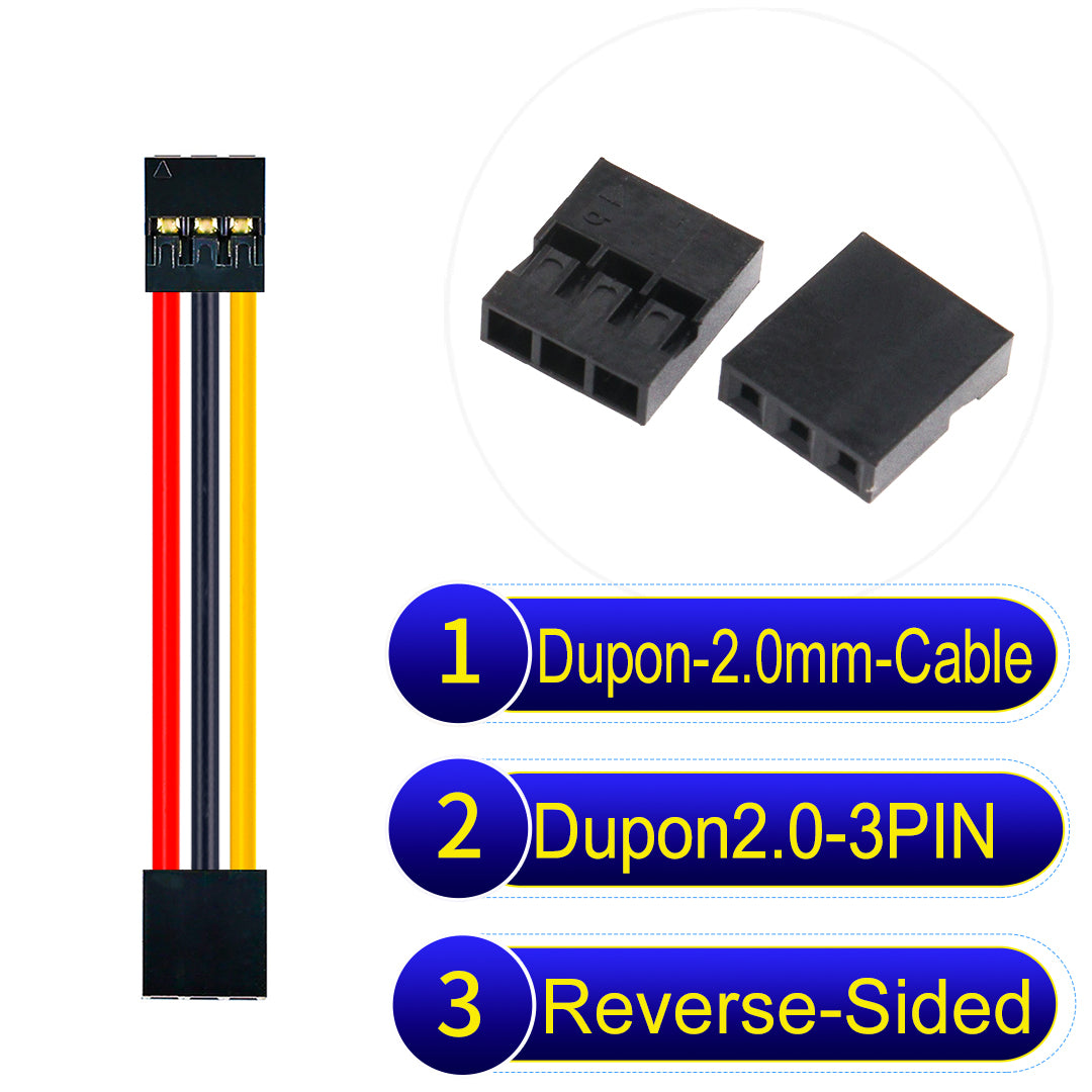 Dupont 2.0mm 3Pin Reverse-Side-Head cable, standard 2.0mm pitch, 24AWG copper wire, UL1007 certified, widely used for electronic projects and industrial connections.