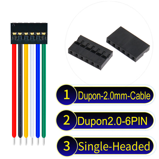 Dupont 2.0mm 6Pin single-headed cable with 24AWG copper wire and UL1007-certified PVC, ideal for DIY projects and industrial equipment connections.