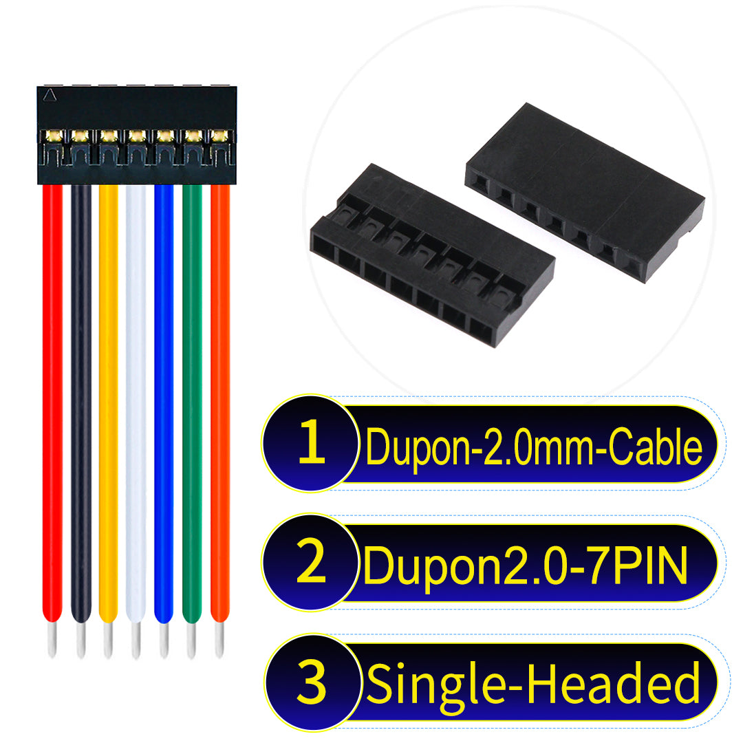 Dupont 2.0mm 7Pin single-headed cable with 24AWG copper wire and UL1007-certified PVC, ideal for DIY projects and industrial equipment connections.