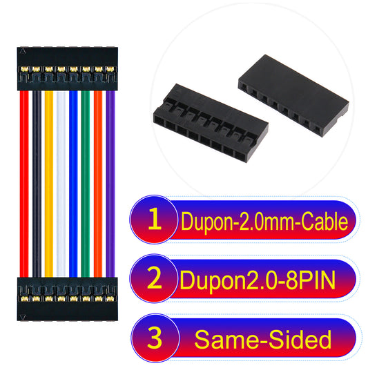 Dupont 2.0mm 8Pin Same-Side-Head cable with 24AWG copper wire and UL1007-certified PVC, ideal for DIY projects and industrial equipment connections.