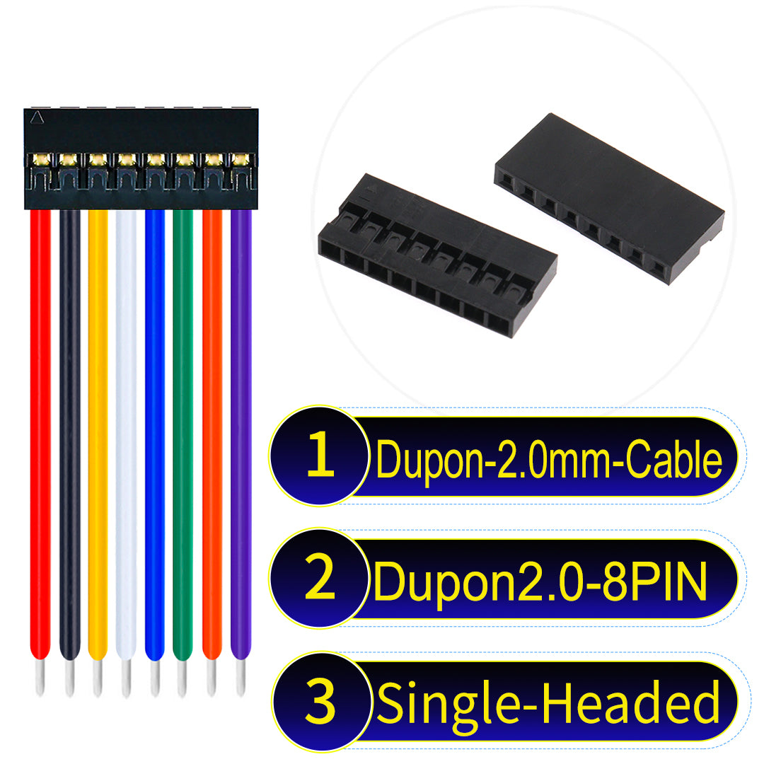 Dupont 2.0mm 8Pin single-headed cable with 24AWG copper wire and UL1007-certified PVC, ideal for DIY projects and industrial equipment connections.