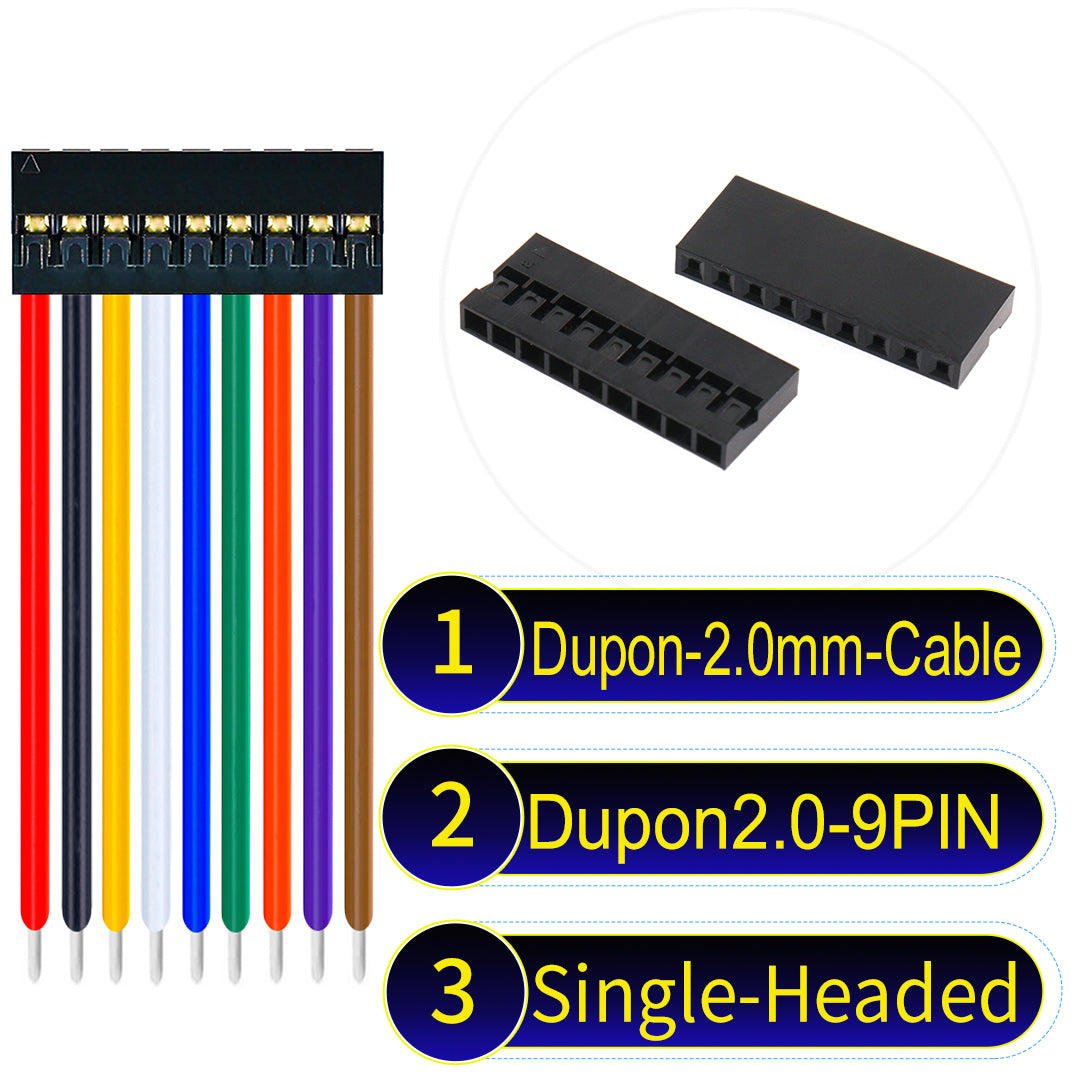Dupont 2.0mm 9Pin single-headed cable with 24AWG copper wire and UL1007-certified PVC, ideal for DIY projects and industrial equipment connections.