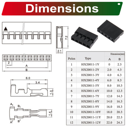 Detailed view of Dupont 2.0mm single row connector pins and crimp terminals