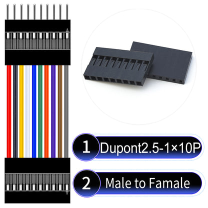 Dupont 2.54mm Female to Male 10Pin cable with 22AWG copper wire, UL1007 PVC insulation, and 2.54mm pitch, suitable for DIY projects and industrial connections.