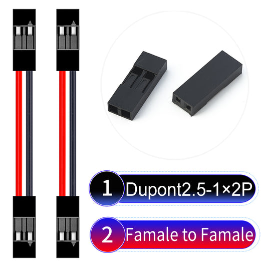 Dupont 2.54mm Female to Female 2Pin cable with 22AWG copper wire, UL1007 PVC insulation, and 2.54mm pitch, suitable for DIY projects and industrial connections.