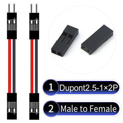 Dupont 2.54mm Female to Male 2Pin cable with 22AWG copper wire, UL1007 PVC insulation, and 2.54mm pitch, suitable for DIY projects and industrial connections.