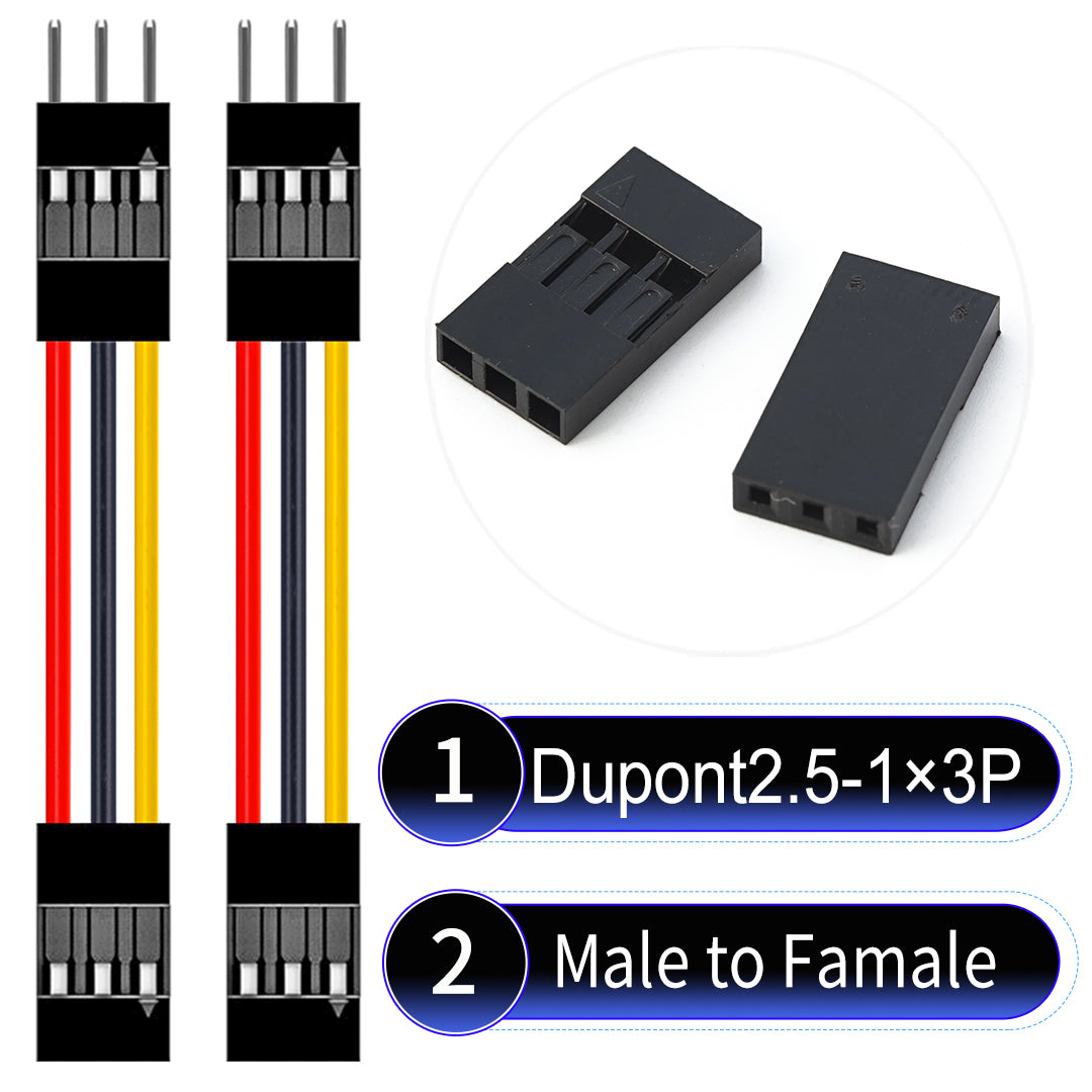 Dupont 2.54mm Female to Male 3Pin cable with 22AWG copper wire, UL1007 PVC insulation, and 2.54mm pitch, suitable for DIY projects and industrial connections.
