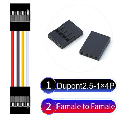 Dupont 2.54mm Female to Female 4Pin cable with 22AWG copper wire, UL1007 PVC insulation, and 2.54mm pitch, suitable for DIY projects and industrial connections.