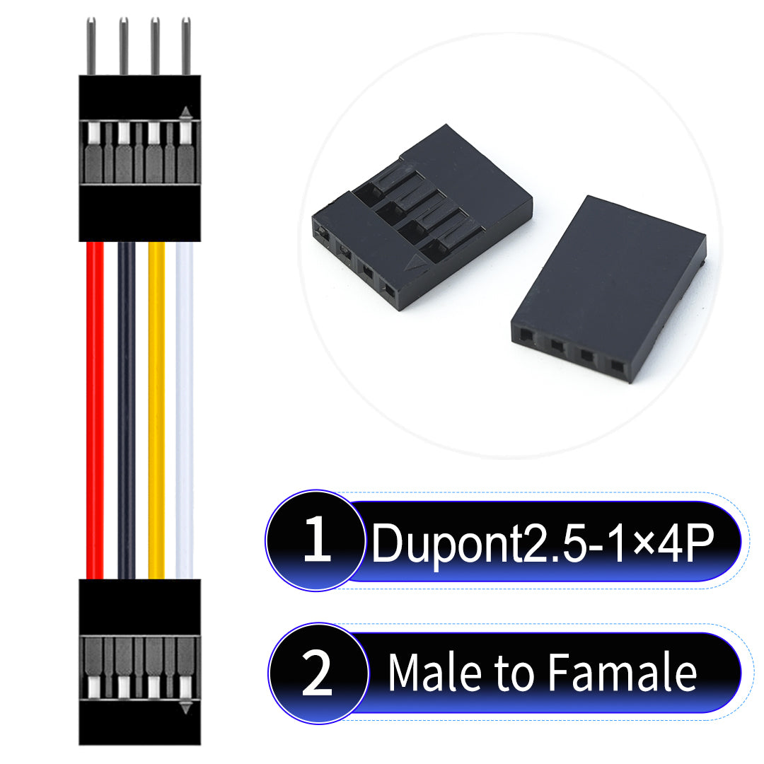 Dupont 2.54mm Female to Male 4Pin cable with 22AWG copper wire, UL1007 PVC insulation, and 2.54mm pitch, suitable for DIY projects and industrial connections.