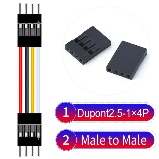 Dupont 2.54mm Male to Male 4Pin  cable with 22AWG copper wire, UL1007 PVC insulation, and 2.54mm pitch, suitable for DIY projects and industrial connections.