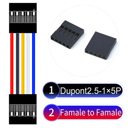 Dupont 2.54mm Female to Female 5Pin cable with 22AWG copper wire, UL1007 PVC insulation, and 2.54mm pitch, suitable for DIY projects and industrial connections.