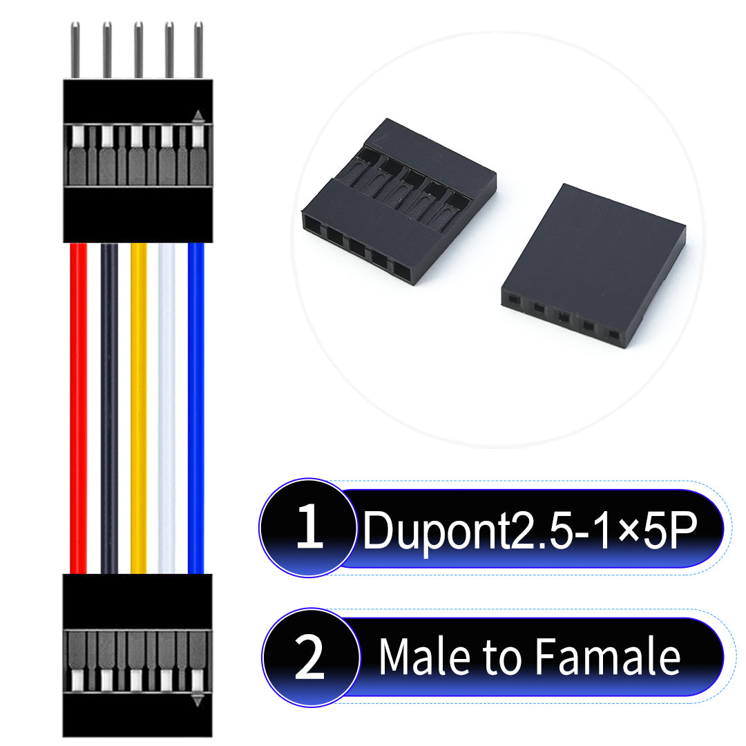 Dupont 2.54mm Female to Male 5Pin cable with 22AWG copper wire, UL1007 PVC insulation, and 2.54mm pitch, suitable for DIY projects and industrial connections.