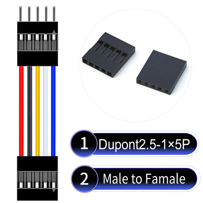 Dupont 2.54mm Female to Male 5Pin cable with 22AWG copper wire, UL1007 PVC insulation, and 2.54mm pitch, suitable for DIY projects and industrial connections.