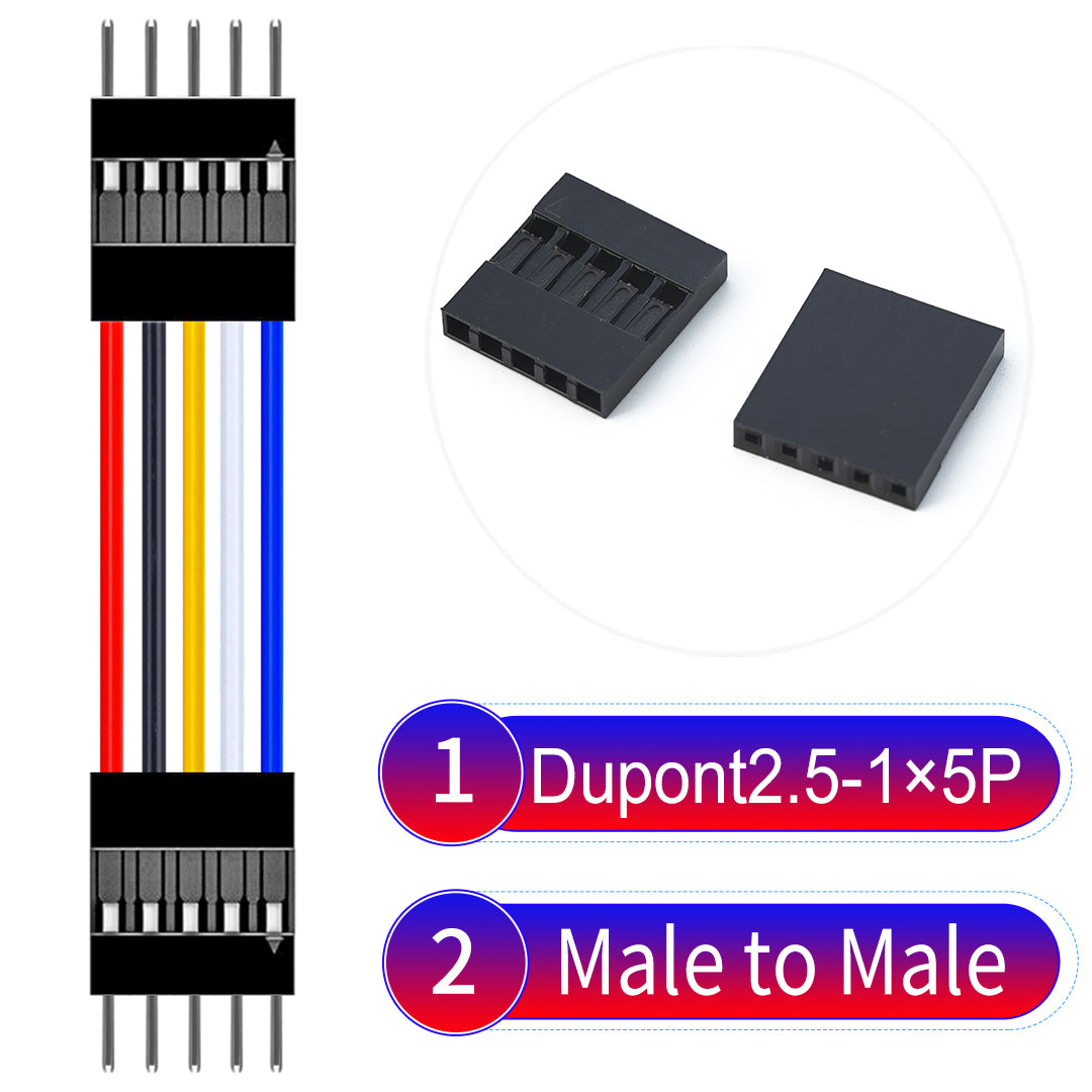 Dupont 2.54mm Male to Male 5Pin  cable with 22AWG copper wire, UL1007 PVC insulation, and 2.54mm pitch, suitable for DIY projects and industrial connections.