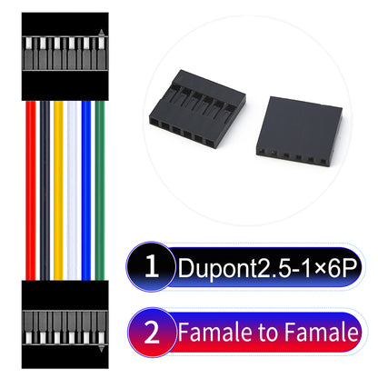 Dupont 2.54mm Female to Female 6Pin cable with 22AWG copper wire, UL1007 PVC insulation, and 2.54mm pitch, suitable for DIY projects and industrial connections.