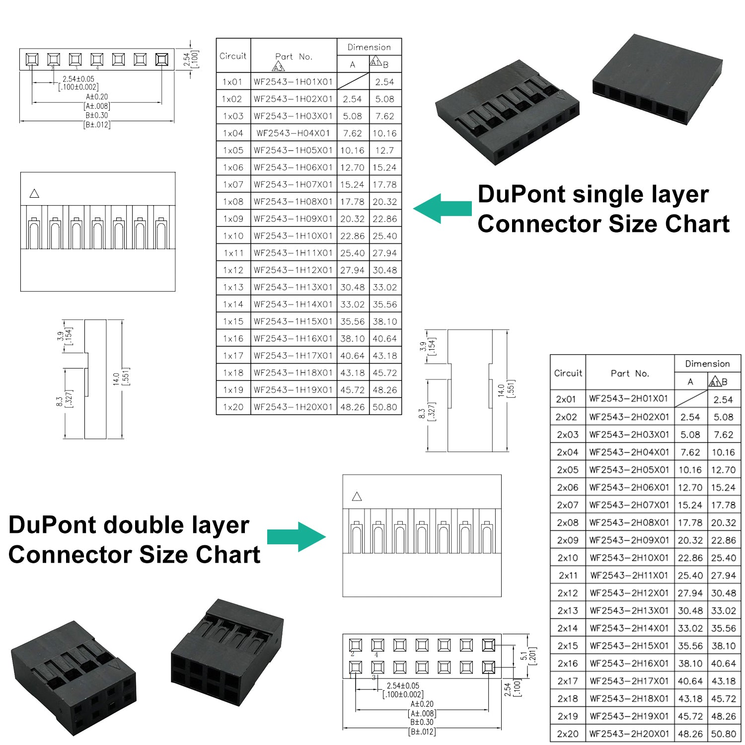 Detailed view of Dupont 2.54mm male and female connector pins and crimp terminals