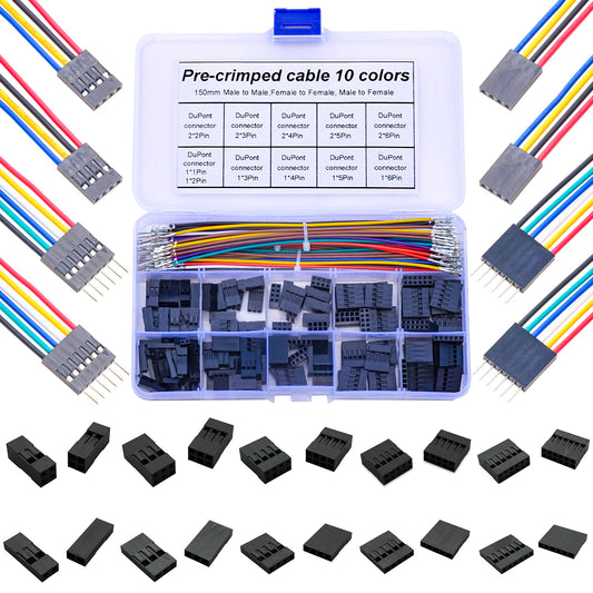 Complete Dupont 2.54mm male and female connector kit with premium 22AWG pre-crimped cables