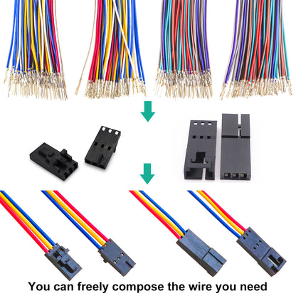 Dupont 2.5mm male and female connector kit with lock and 22AWG pre-crimped wires used in DIY electronics and wiring projects