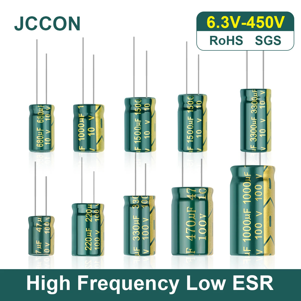 JCCON Aluminum Electrolytic Capacitor | High Frequency Low ESR | 6.3V-450V, 100UF-470UF | For Audio & Power Supply