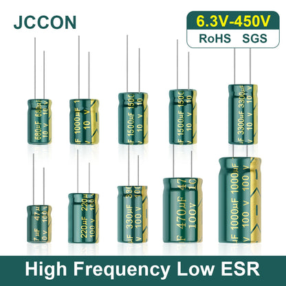 JCCON Aluminum Electrolytic Capacitor | High Frequency Low ESR | 6.3V-450V, 100UF-470UF | For Audio & Power Supply