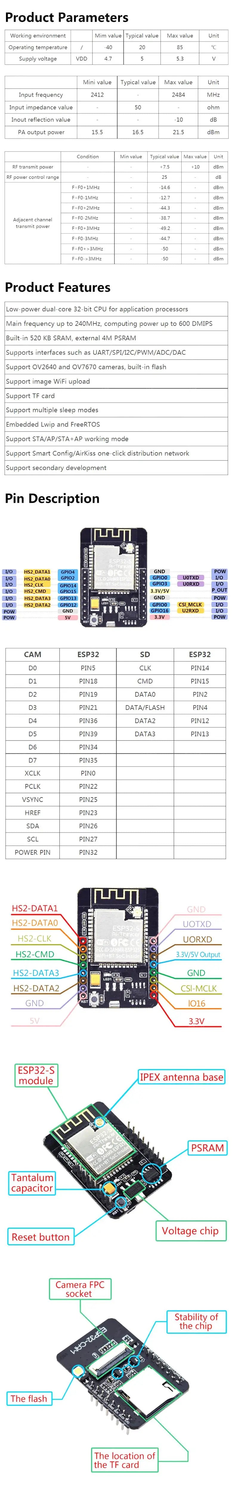 ESP32-CAM WiFi Bluetooth Development Board with OV2640 Camera and CH340 USB Interface