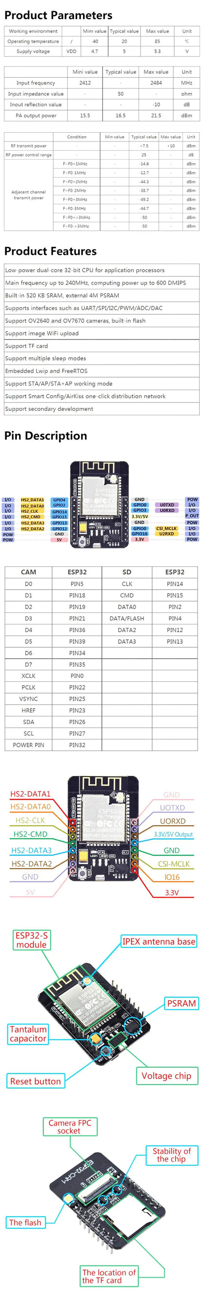 ESP32-CAM WiFi Bluetooth Development Board with OV2640 Camera and CH340 USB Interface