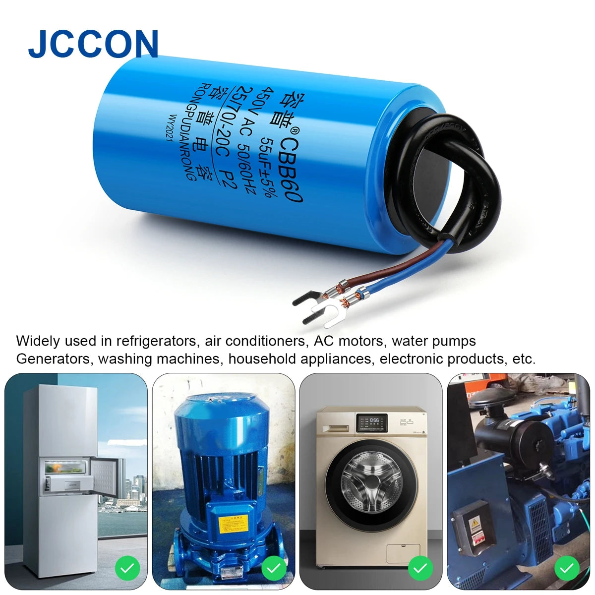 CBB60 Motor Run and Start Capacitor 450V AC 3–100µF for Washing Machines