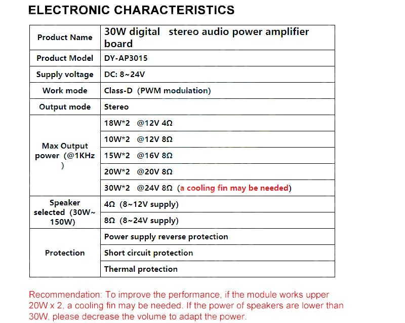 DY-AP3015 Dual Channel 30W×2 D-Class Stereo Digital Amplifier Board with Adjustable Volume
