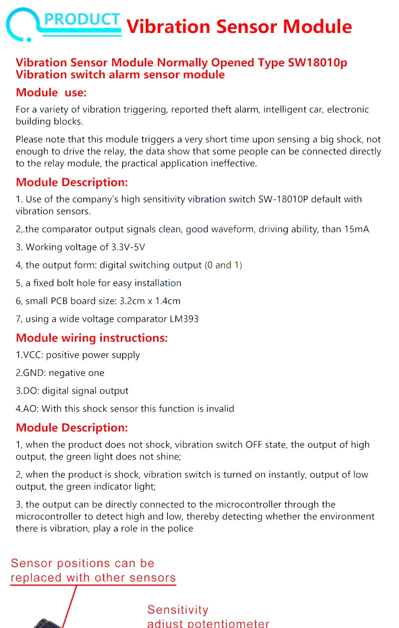 Highly Sensitive Vibration Sensor Module SW-18010P SW-420 Normally Open/Closed Alarm for Arduino
