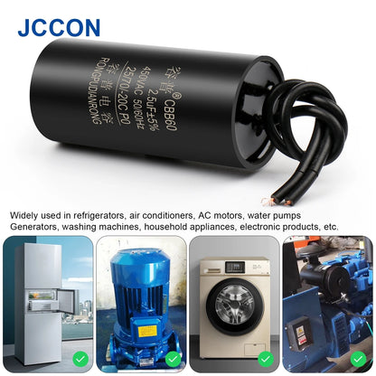 CBB60 Motor Run and Start Capacitor 450V AC 1.1–13µF for Water Pumps and Washing Machines