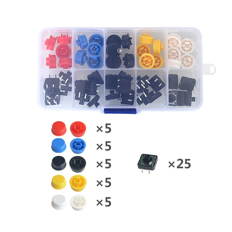 Tactile Push Button Micro Switch Kit 12x12x7.3mm with Colored Caps for Arduino