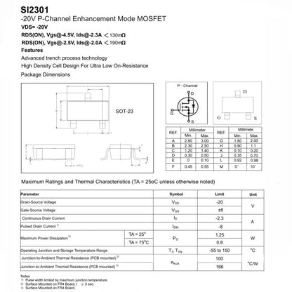 10PCS SI2301CDS / SI2301 SOT-23 N-Channel MOSFET 20V SMD IC