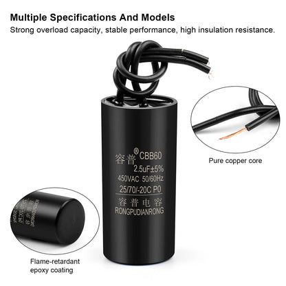 CBB60 Motor Run and Start Capacitor 450V AC 1.1–13µF for Water Pumps and Washing Machines