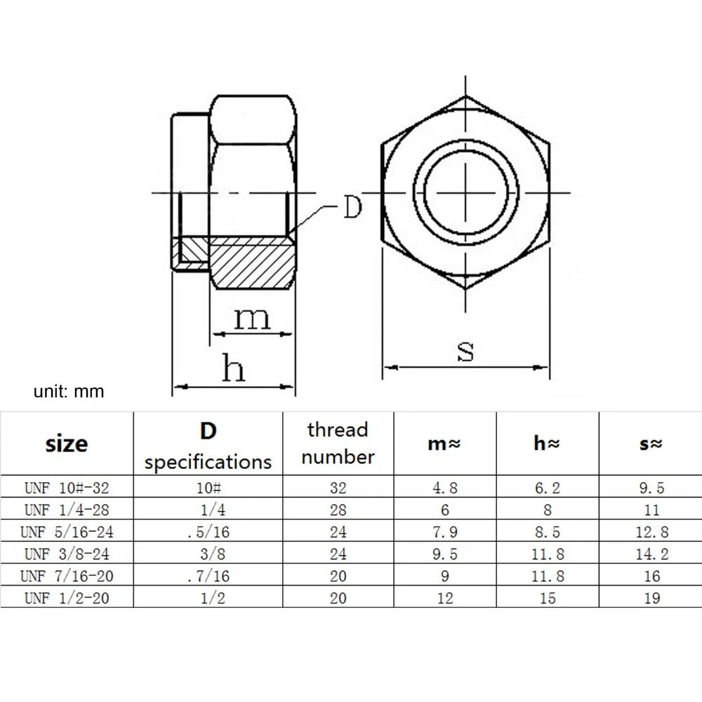 304 A2-70 Stainless Steel Hex Nylock Lock Nut UNF 10#–1/2 Fine Thread Self-Locking Keszoox