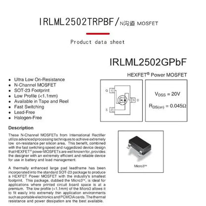 10PCS IRLML2502 SOT-23 N-Channel MOSFET SMD IC Chipset
