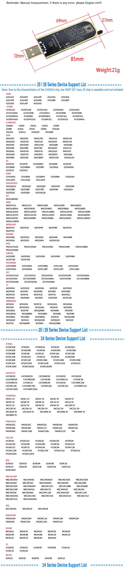 CH341A USB EEPROM Flash BIOS Programmer with SOIC8 SOP8 Test Clip for 24 25 93 Series Chips