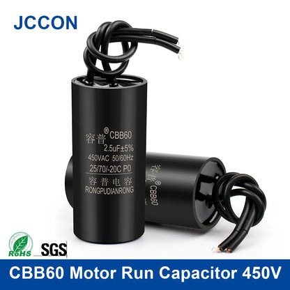 CBB60 Motor Run and Start Capacitor 450V AC 1.1–13µF for Water Pumps and Washing Machines