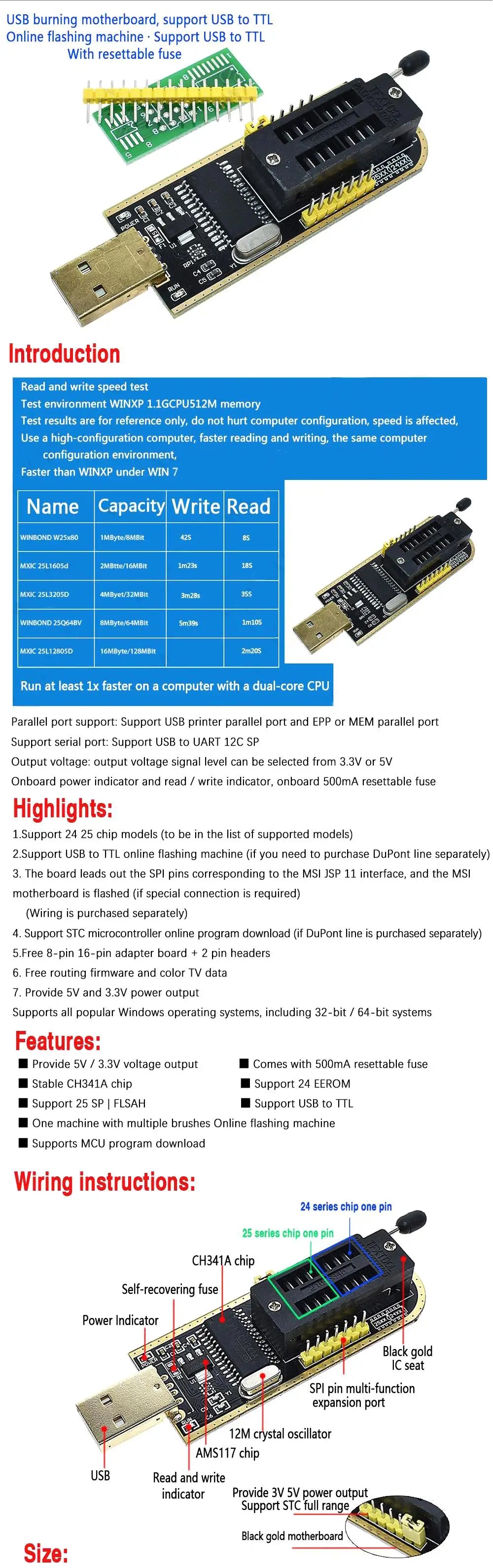 CH341A USB EEPROM Flash BIOS Programmer with SOIC8 SOP8 Test Clip for 24 25 93 Series Chips